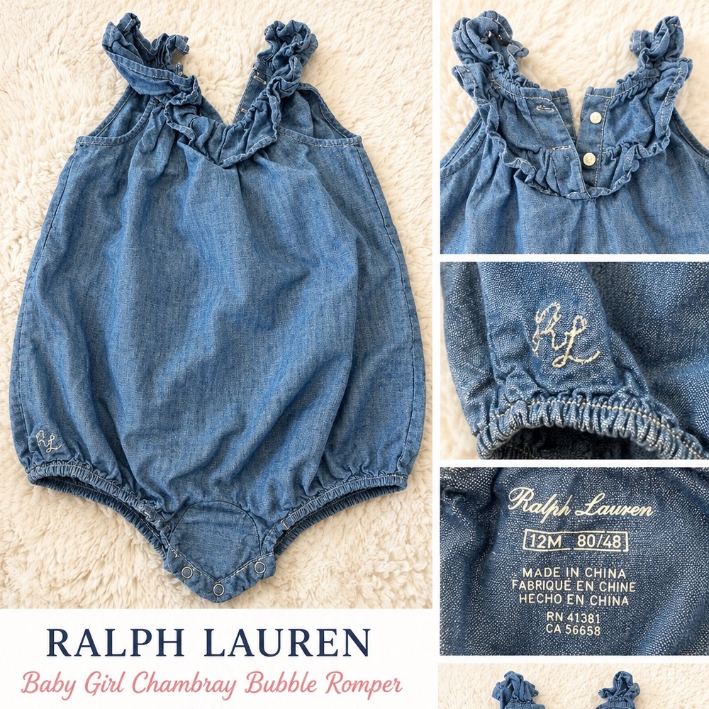 Ralph Lauren Baby Girl Chambray Bubble Romper 12M Denim Look